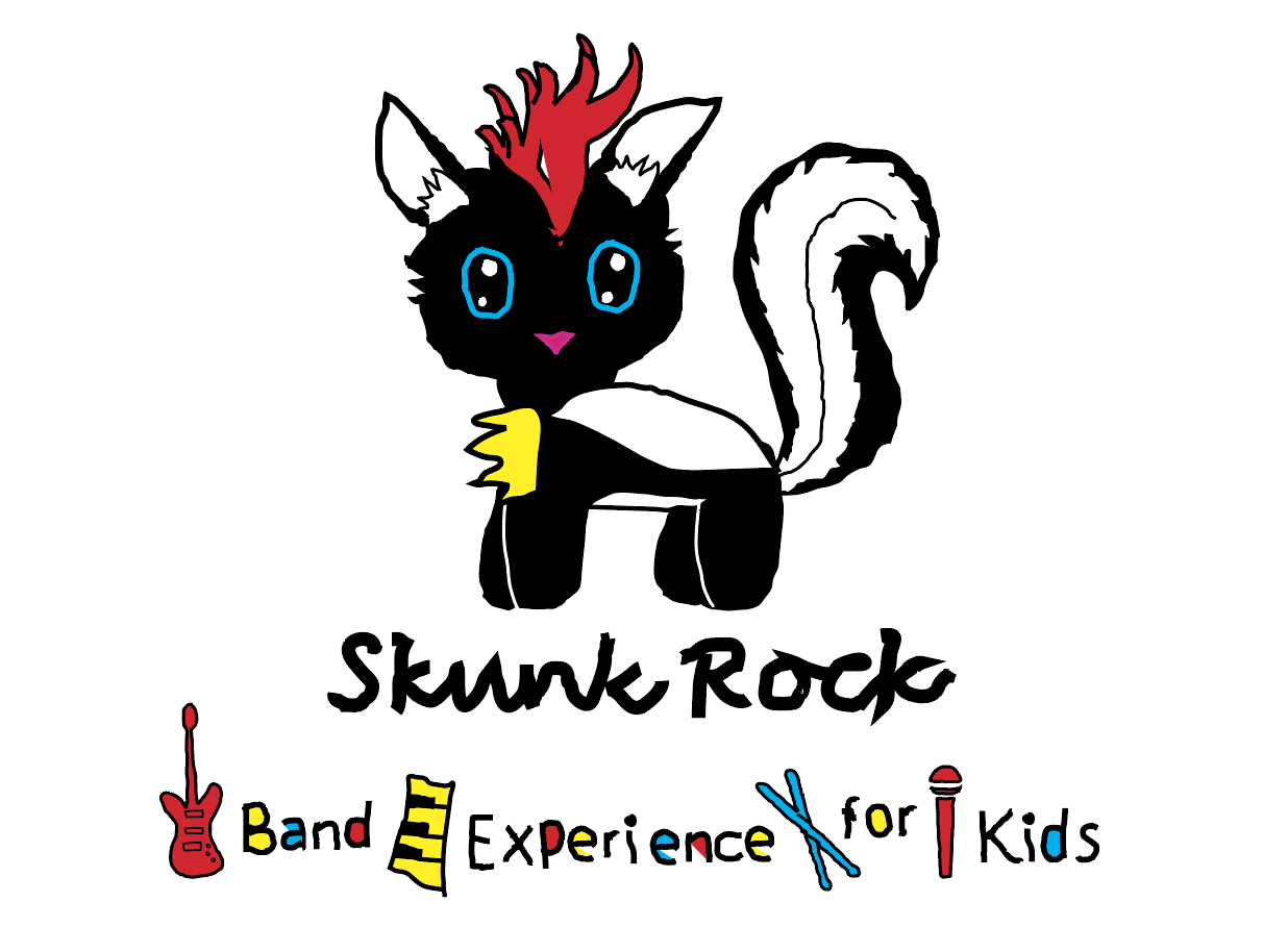 Skunk Rock logo: cartoon skunk with red mohawk, text Skunk Rock, Band Experience for Kids